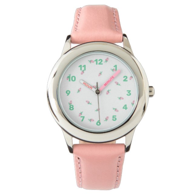 Pulsera Reloj rosa de flores para niños - Pastel (Anverso)