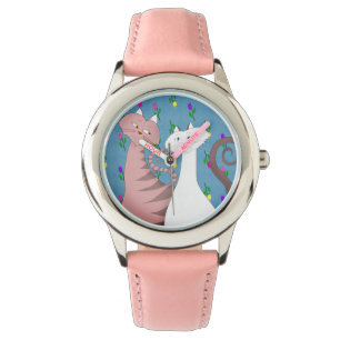 Pulsera Reloj rosa de niña con fondo floral de gatos lindo
