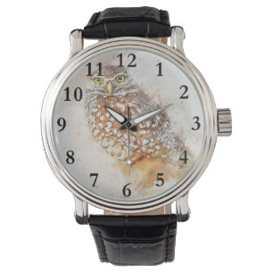 Pulsera Reloj rústico del búho de Acuarela del arbolado