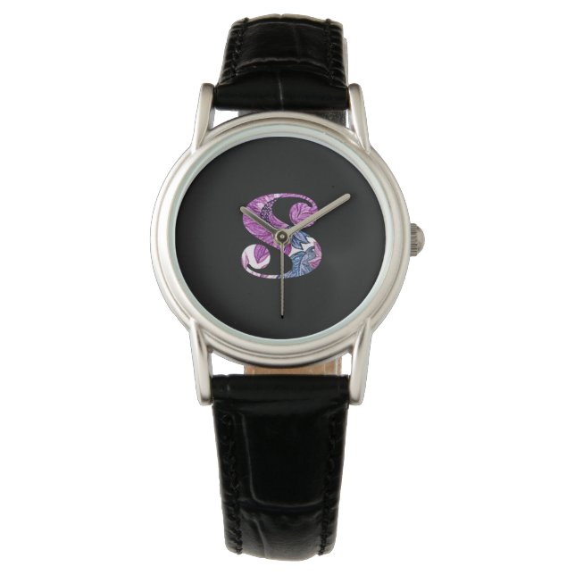 Pulsera Reloj S de monograma floral azul morado (Anverso)