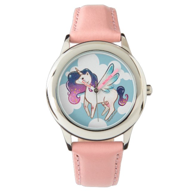 Pulsera Reloj Unicornio rosa de acero inoxidable (Anverso)