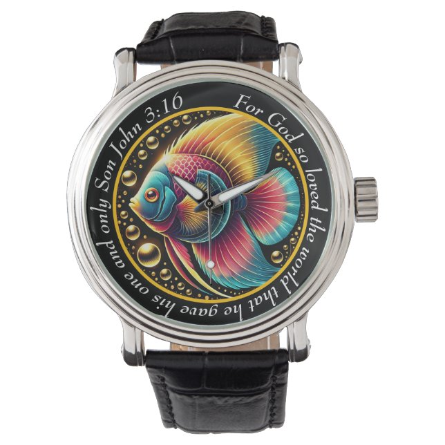 Pulsera Reloj vibrante de John 3:16 con peces Océano Fe (Anverso)