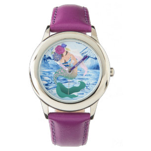 Pulsera Sirena - Reloj de correa de cuero rosa de acero in