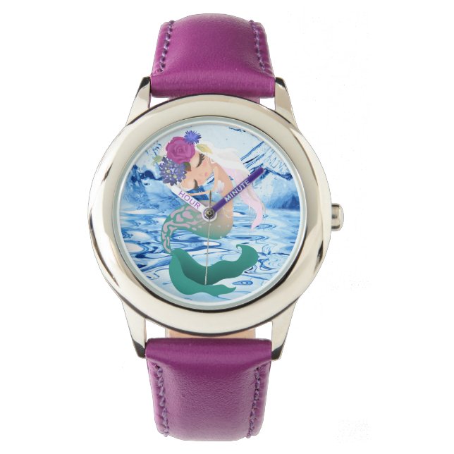 Pulsera Sirena - Reloj de correa de cuero rosa de acero in (Anverso)