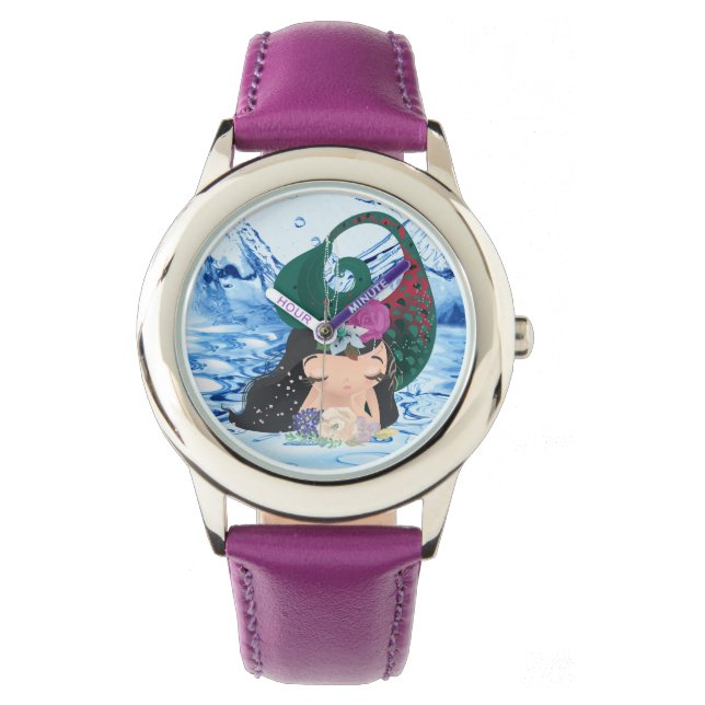 Pulsera Sirena - Reloj de correa de cuero rosa de acero in (Anverso)