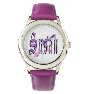 Pulsera Susan, Nombre, Logo, Chicas Reloj de Cuero Púrpura