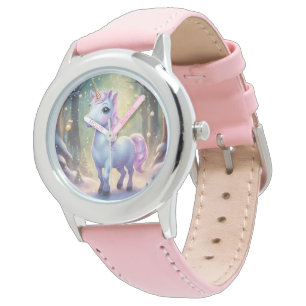 Pulsera Unicornio - Reloj de correa de cuero rosa de acero