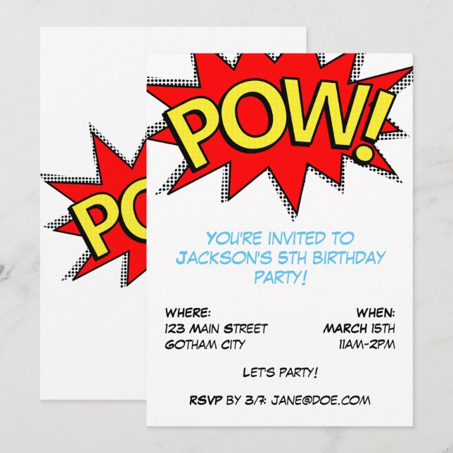 ¡PUM! Plantilla de la fiesta de cumpleaños del lib (Anverso / Reverso)