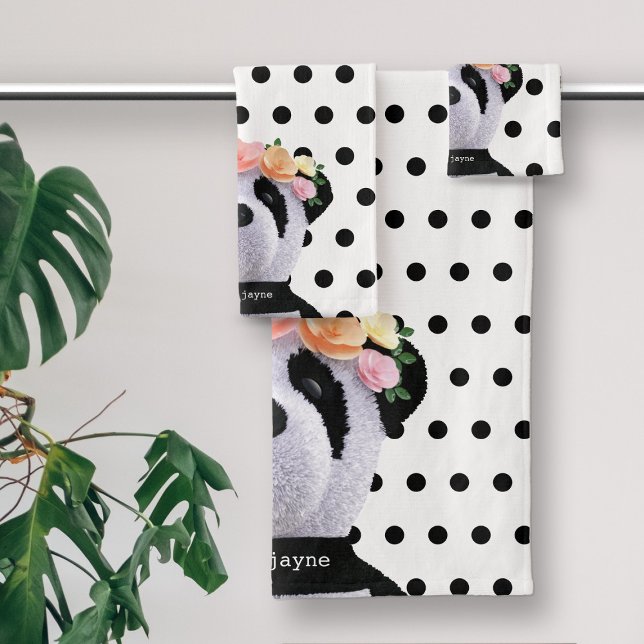Punto de Polka Blanco y Negro de oso de Panda (Cute Panda Bear Polka Dot Bath Towel Set with space for your name)