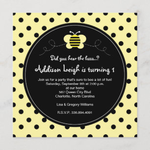 Puntos de Bee Polka Bumble - Invitación de cumplea