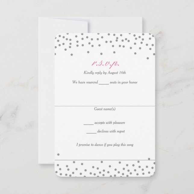 Puntos de confeti gris y rosado Boda Tarjetas RSVP (Anverso)