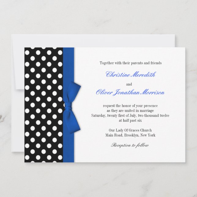 Puntos de Polka Con Invitación A La Boda Azul Bow (Anverso)