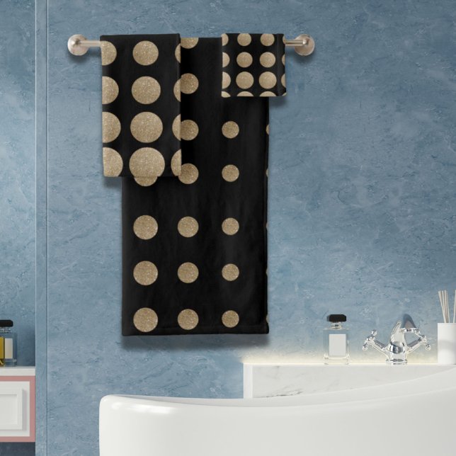 puntos de polka purpurina de oro negro geométrico  (minimalist geometric black gold glitter polka dots bath towel set)