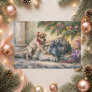 Puppy de perro Mastín en el árbol de Navidad