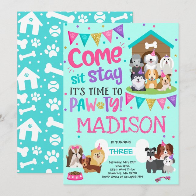 Puppy Party Invitación a Padar Doggy Rosa Birthday (Anverso / Reverso)