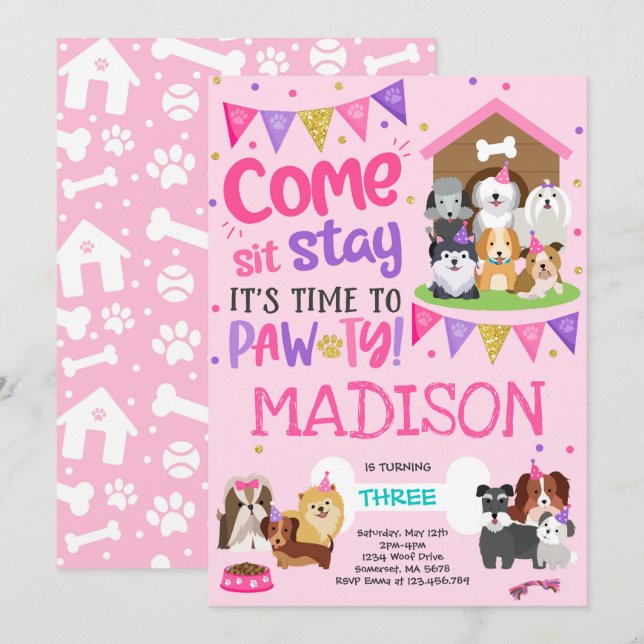 Puppy Party Invitación a Padar Doggy Rosa Birthday (Anverso / Reverso)
