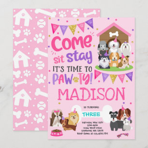 Puppy Party Invitación a Padar Doggy Rosa Birthday