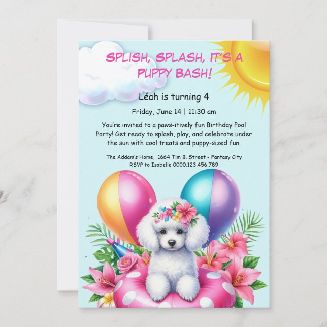 Puppy Splash Birthday Pool Party Invitación (Anverso)
