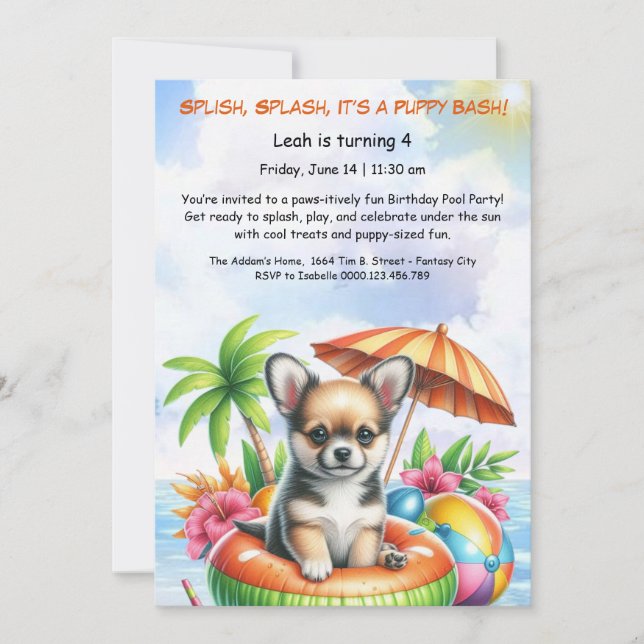 Puppy Splash Birthday Pool Party Invitación (Anverso)