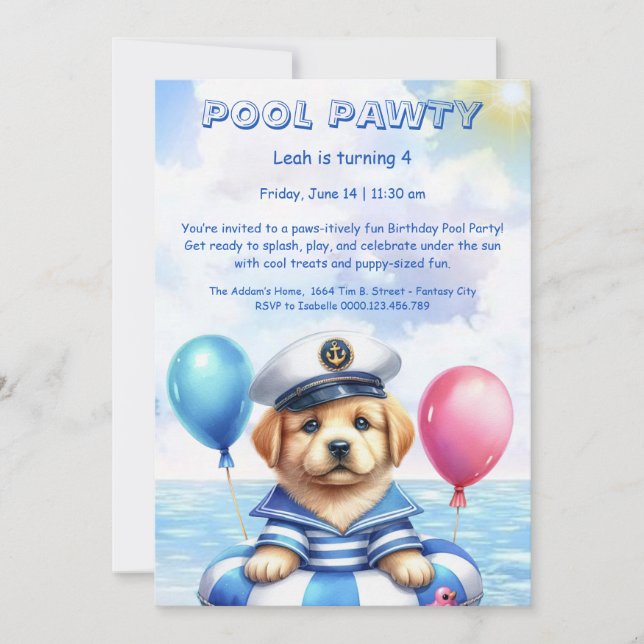 Puppy Splash Birthday Pool Party Invitación (Anverso)
