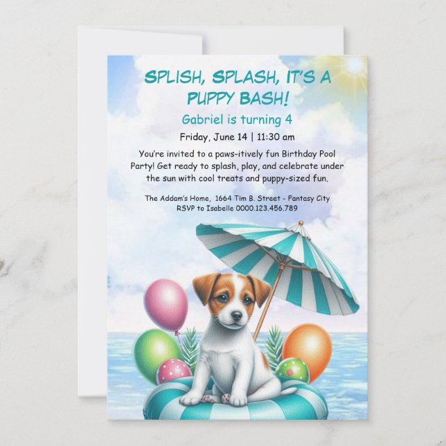 Puppy Splash Birthday Pool Party Invitación (Anverso)