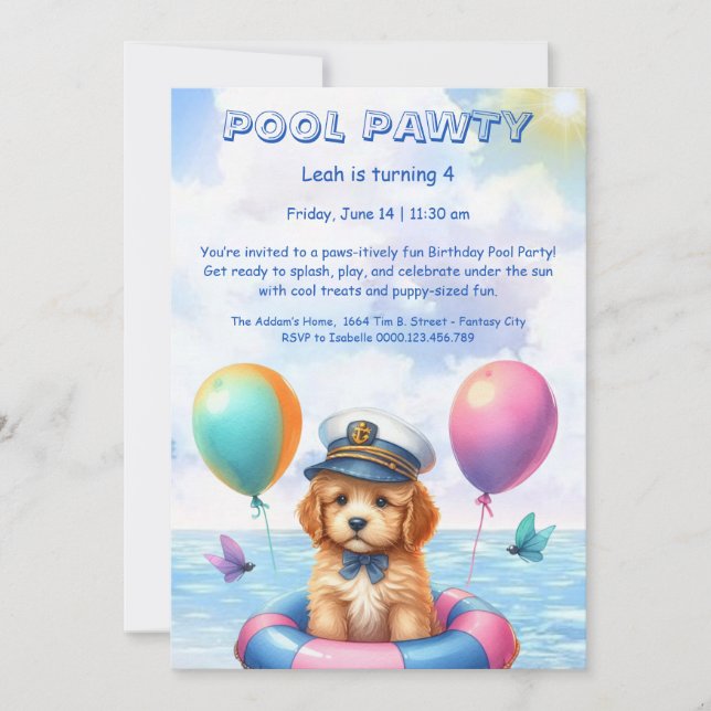 Puppy Splash Birthday Pool Party Invitación (Anverso)