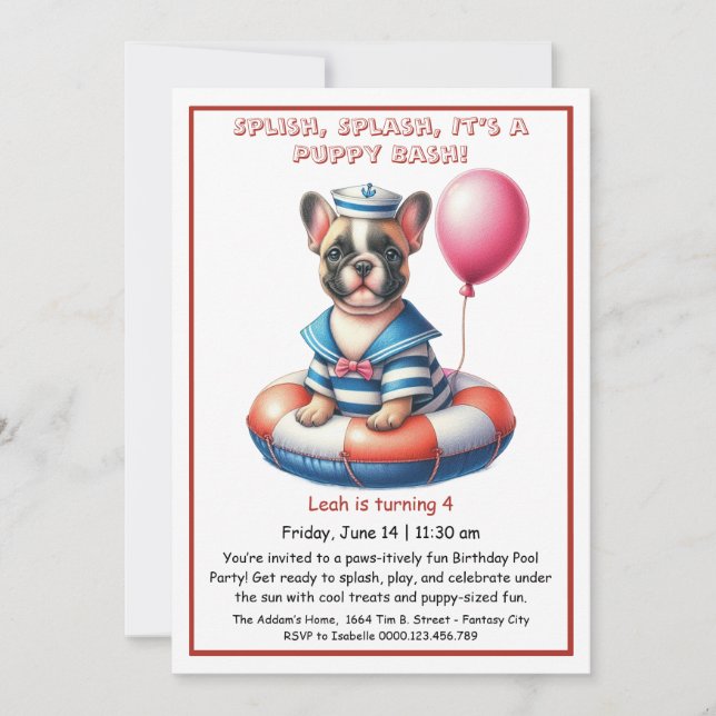 Puppy Splash Birthday Pool Party Invitación (Anverso)