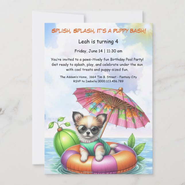 Puppy Splash Birthday Pool Party Invitación (Anverso)