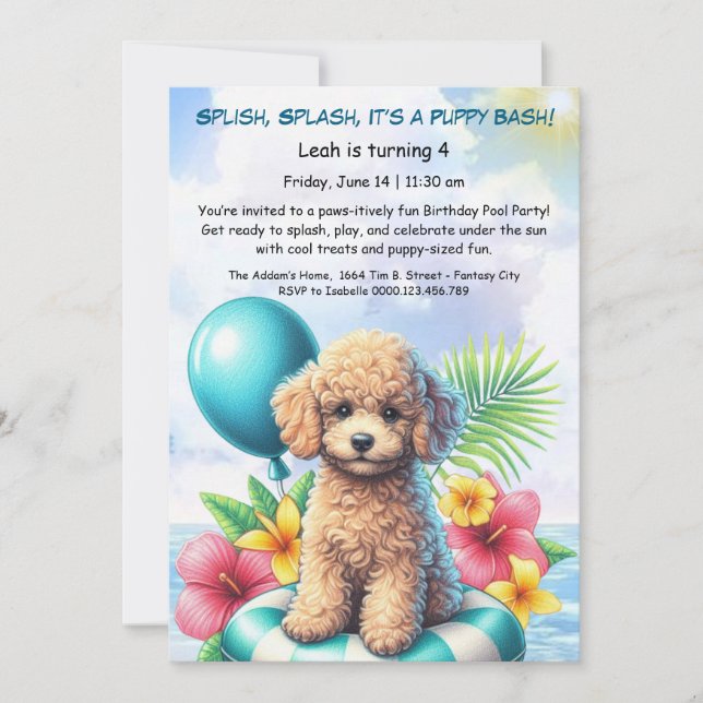 Puppy Splash Birthday Pool Party Invitación (Anverso)
