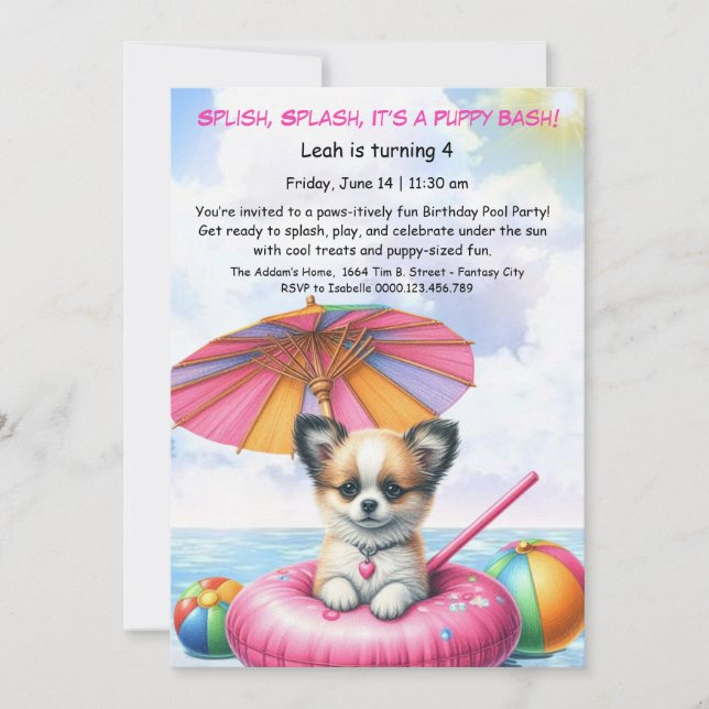 Puppy Splash Birthday Pool Party Invitación (Anverso)