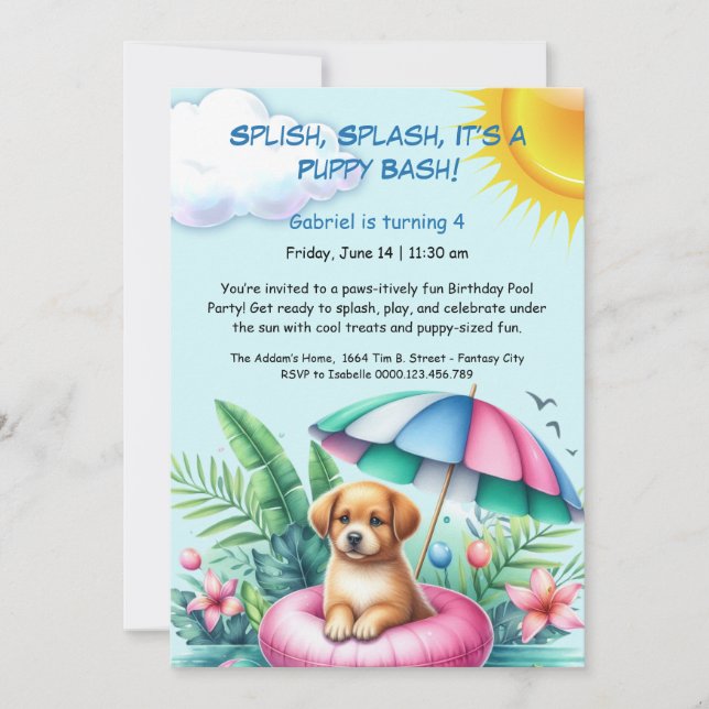 Puppy Splash Birthday Pool Party Invitación (Anverso)
