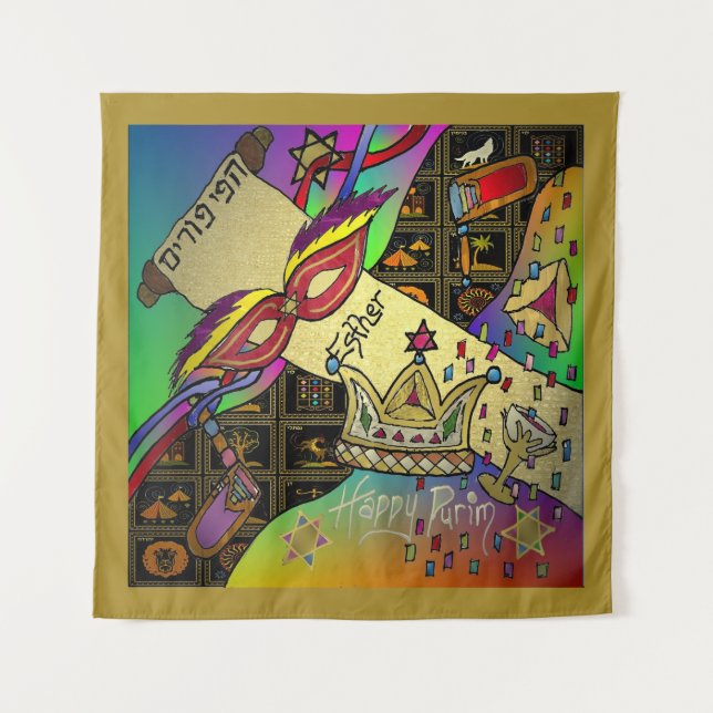 Purim Esther Celebración Tapiz de arte oscuro (Anverso)