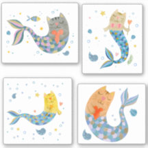 Purmaid cat mermaid acuarela chica pegatina paquet