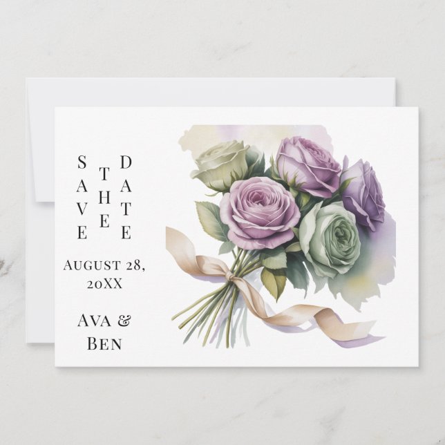 Purple and Sage Green Wedding Save The Date Cards (Anverso)