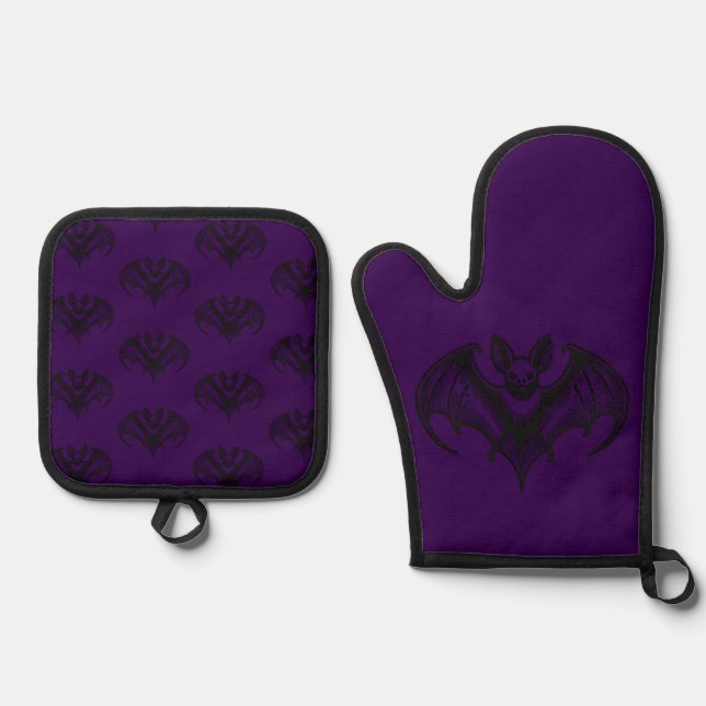 Purple Bat Patterned Oven Mitt and Pot Holder Set (Anverso)