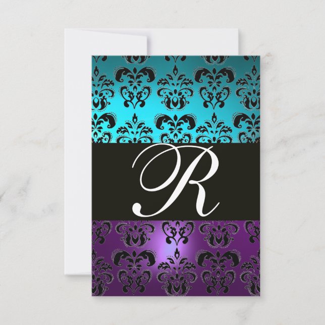PURPLE BLACK DAMASK MONOGRAM RSVP ,turquesa azul (Anverso)