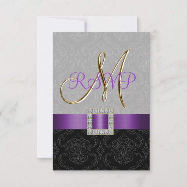 Purple Black Gray Damask Gold Boda inicial RSVP (Anverso)