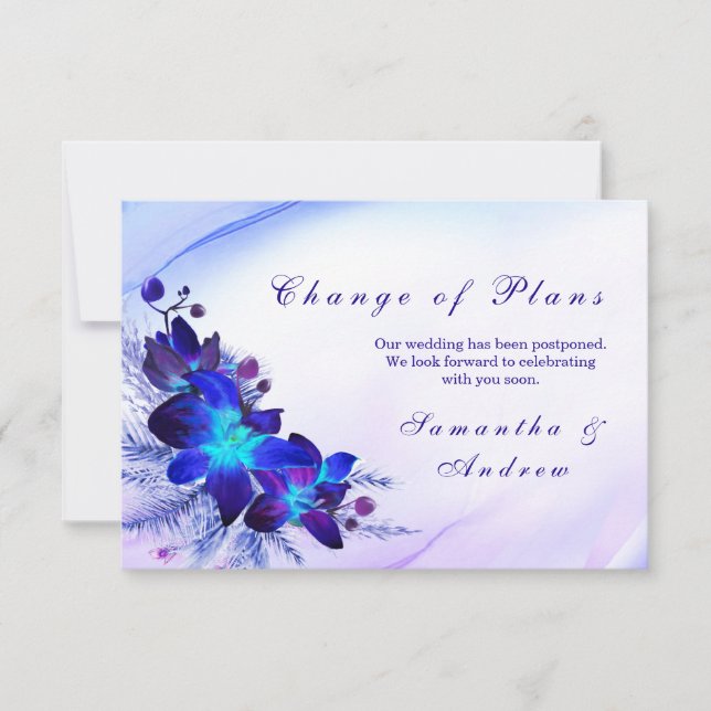 Purple Blue Orchid Wedding Change the Date Card (Anverso)