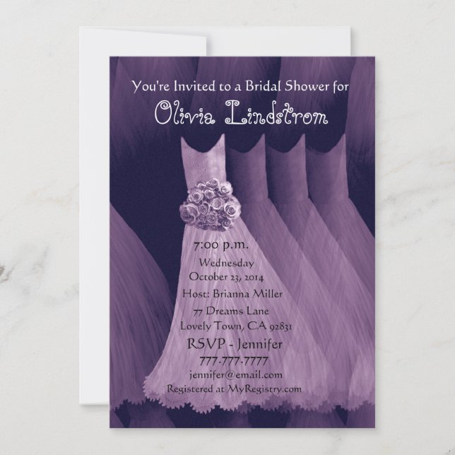 PURPLE Bridesmaid Vestido Bridal Ducha Invitación (Anverso)