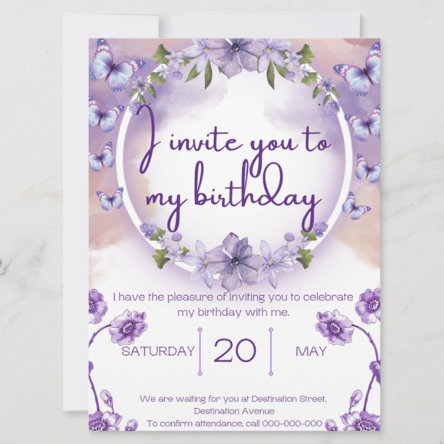 Purple butterflies birthday invitation (Anverso)