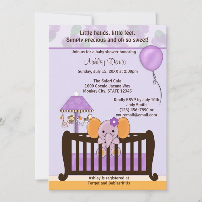 PURPLE CJ-E DE CINTA DE Invitación ELEFANTE Baby S (Anverso)