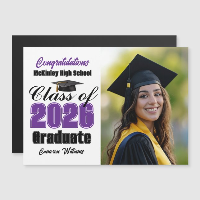 Purple Class of 2026 Graduation Photo Magnet Card (Anverso/Reverso)