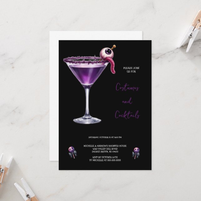 PURPLE COSTUMES COCKTAIL HALLOWEEN INVITACIÓN (Anverso/Reverso In Situ)