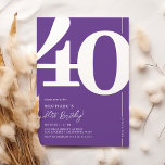 Purple Cuarenta invitaciones a fiesta de cumpleaño<br><div class="desc">Invitaciones a la fiesta de cumpleaños 40 en color morado moderno con el número '40' en un gran tipo de letra en negrita y una plantilla de invitación moderna que es fácil de personalizar.</div>