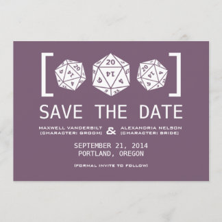 Purple D20 Dice Gamer Guardar la invitación de fec