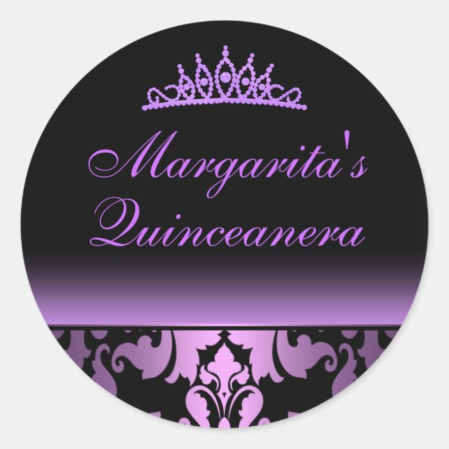 Purple Damask Elegante Pegatina Quinceanera (Anverso)