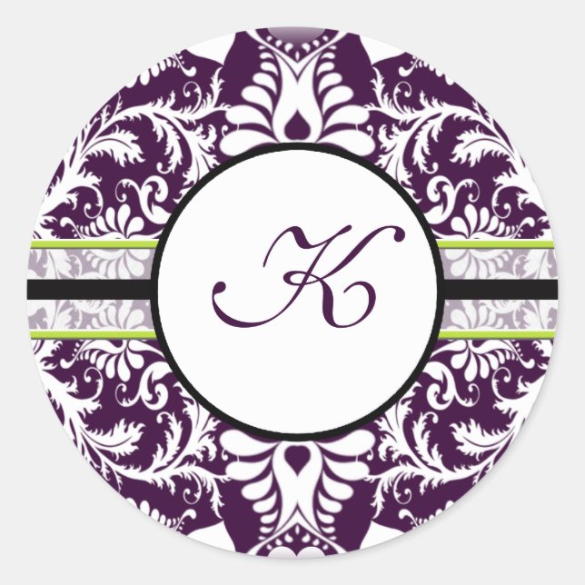 Purple Damask Letra inicial Pegatina K Boda (Anverso)