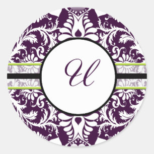 Purple Damask Letra inicial Pegatina U Boda