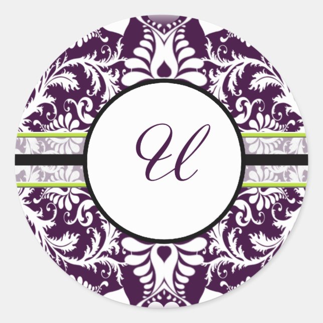 Purple Damask Letra inicial Pegatina U Boda (Anverso)