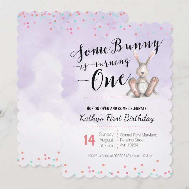 PURPLE de la invitación al cumpleaños de conejo (Anverso / Reverso)